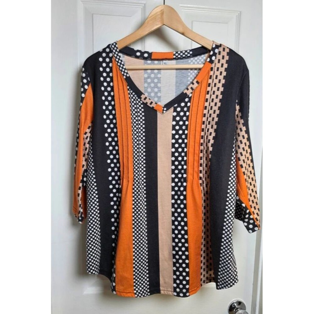 Orange Black Patchwork Striped V-Neck Tunic Blouse Polka Dot XL